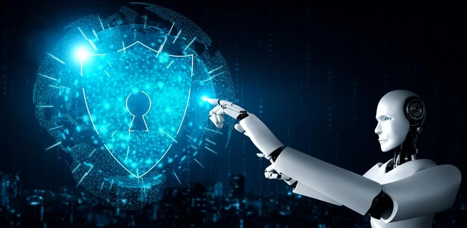 AI robot using cyber security to protect information privacy 스톡 일러스트