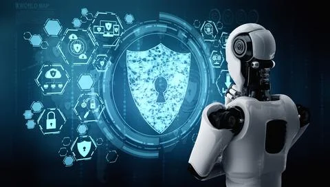 AI robot using cyber security to protect information privacy Illustrazione stock
