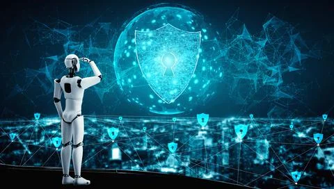 AI robot using cyber security to protect information privacy 스톡 일러스트