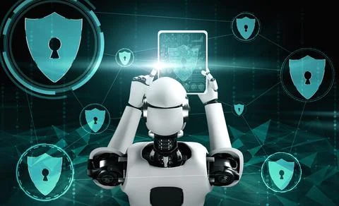 AI robot using cyber security to protect information privacy Illustrazione stock