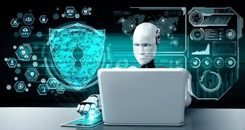 AI robot using cyber security to protect information privacy Illustrazione stock