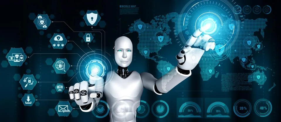 AI robot using cyber security to protect information privacy 스톡 일러스트