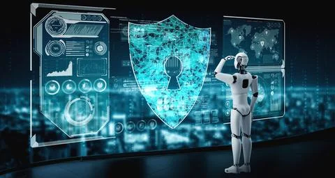 AI robot using cyber security to protect information privacy Illustrazione stock