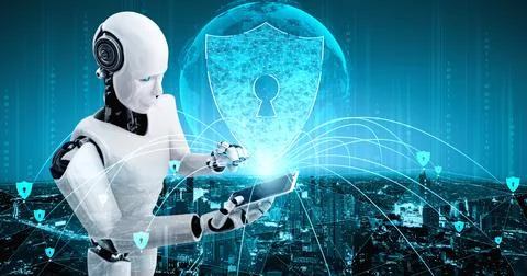 AI robot using cyber security to protect information privacy Illustrazione stock