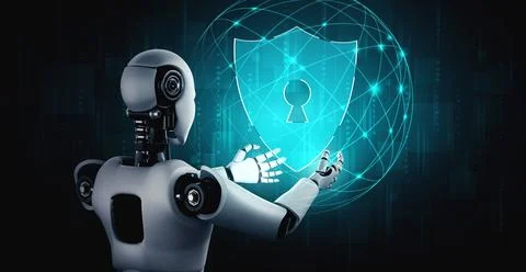 AI robot using cyber security to protect information privacy Illustrazione stock