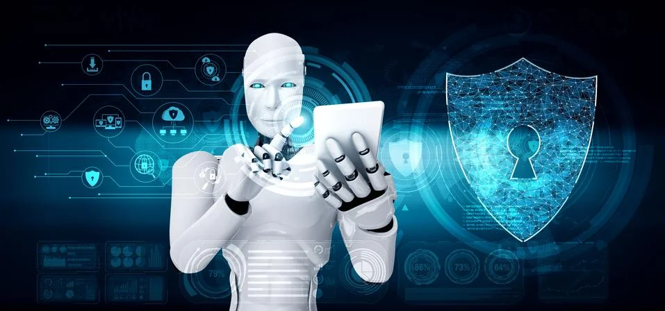 AI robot using cyber security to protect information privacy 스톡 일러스트