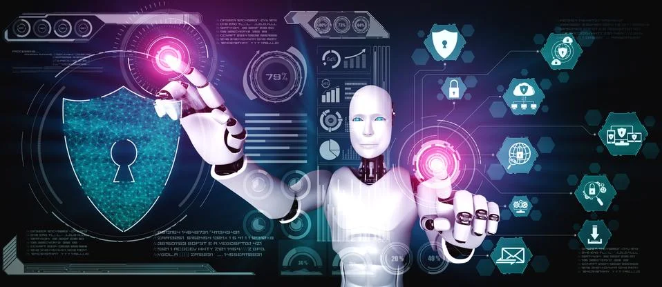 AI robot using cyber security to protect information privacy 스톡 일러스트