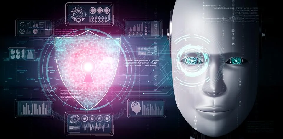 AI robot using cyber security to protect information privacy Illustrazione stock