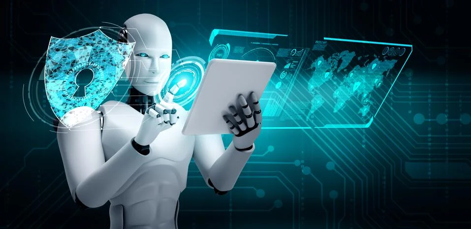 AI robot using cyber security to protect information privacy 스톡 일러스트