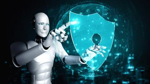 AI robot using cyber security to protect information privacy Illustrazione stock