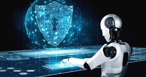 AI robot using cyber security to protect information privacy 库存插图