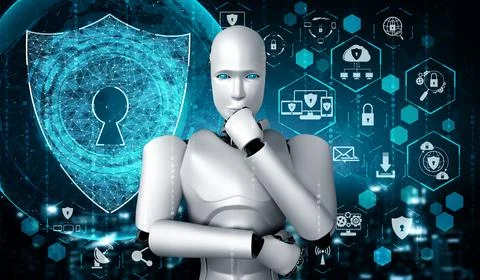 AI robot using cyber security to protect information privacy Illustrazione stock