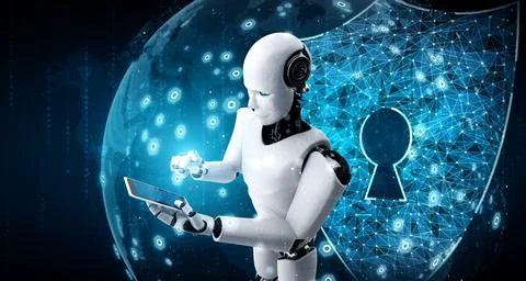 AI robot using cyber security to protect information privacy 库存插图