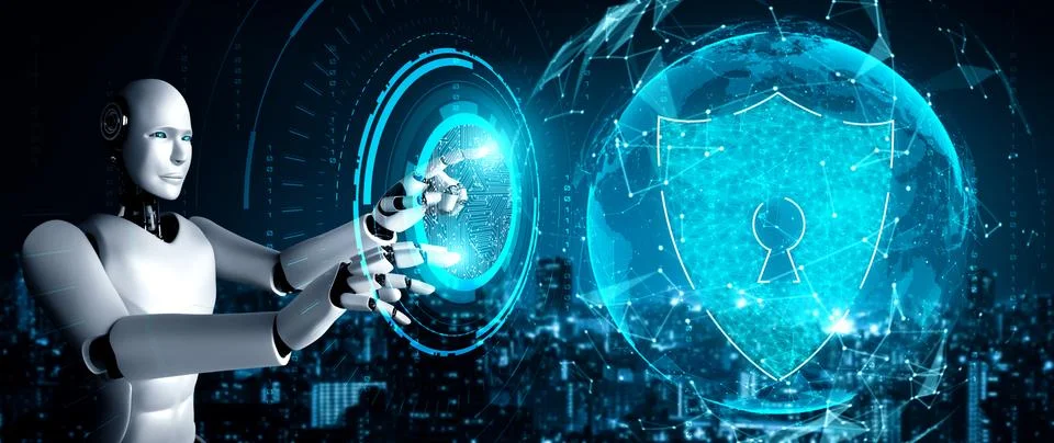 AI robot using cyber security to protect information privacy 스톡 일러스트