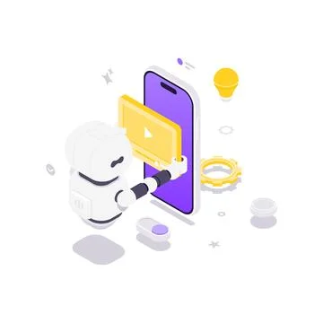 AI Robot For Video Content Creation On Smartphone Isometric Vector Illustrati Stock Illustration