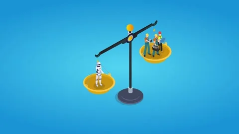 AI Robot vs Human Workers on a Balance Scale Representing Automation 3d ani.. Stock Footage 327343323