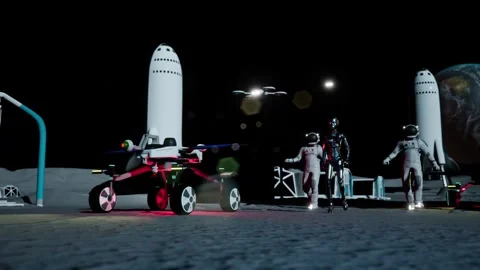 Ai robot walking with astronauts, rovers and drones on moon surface Stock Footage 293747385