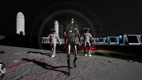 Ai robot walking on lunar surface with two comsonauts escorting for space Stock Footage 297489710