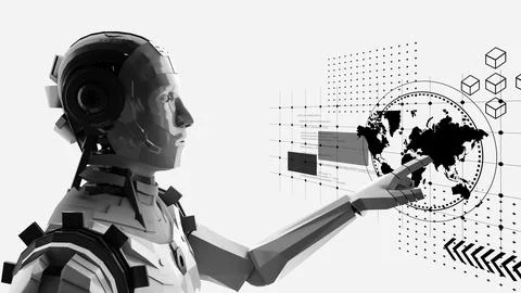 AI robot on white background , Artificial intelligence robots of the future.. Illustrazione stock