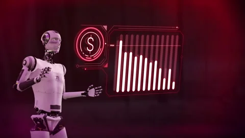 An AI robot works with a virtual chart of falling dollar quotes. Stock Footage 264080455