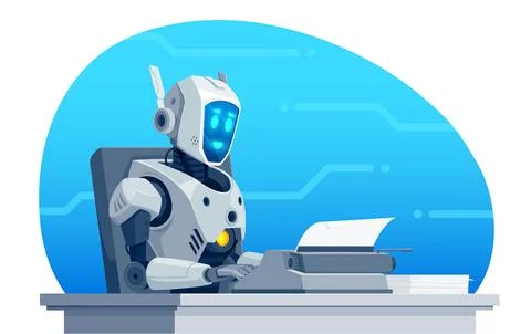 AI robot writer character typing on typewriter Illustrazione stock