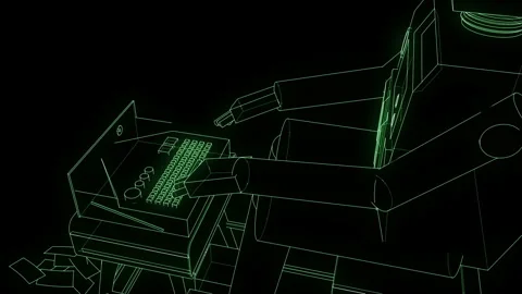 AI Robot Writing On Vintage Typewriter #5 Wireframe Neon Green 4K 25fps VJ L Stock Footage 345455988