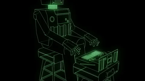 AI Robot Writing On Vintage Typewriter #1 Wireframe Neon Green 4K 25fps VJ L Stock Footage 345457690