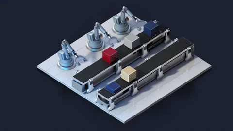 AI robotic arm sorts boxes on a logistics conveyor.4k animation. Stock Footage 170479831