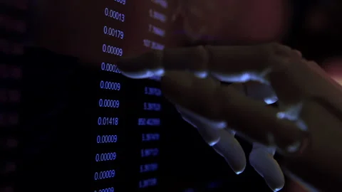 AI robotic hand scanning economic data on a monitor. Stock Footage 337913385