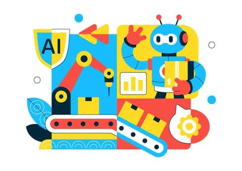 AI Robotics In Industry Vector Illustration Featuring Smart Automation, Ind.. Stock Illustration