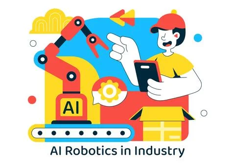 AI Robotics In Industry Vector Illustration Featuring Smart Automation, Ind.. Stock Illustration