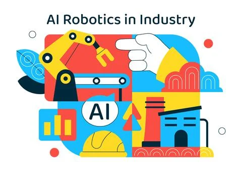 AI Robotics In Industry Vector Illustration Featuring Smart Automation, Ind.. Stock Illustration