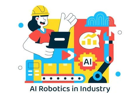AI Robotics In Industry Vector Illustration Featuring Smart Automation, Ind.. Stock Illustration