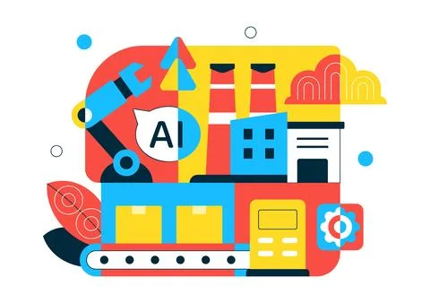 AI Robotics In Industry Vector Illustration Featuring Smart Automation, Ind.. Stock Illustration