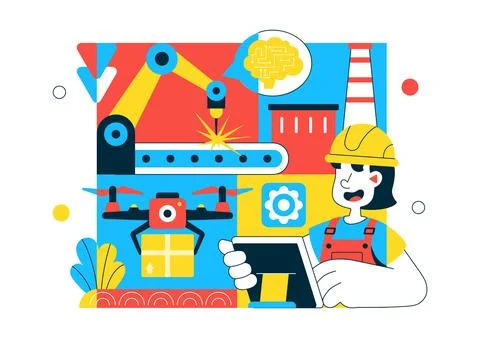 AI Robotics In Industry Vector Illustration Featuring Smart Automation, Ind.. Stock Illustration