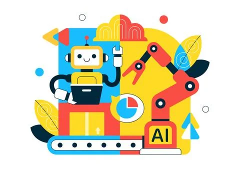 AI Robotics In Industry Vector Illustration Featuring Smart Automation, Ind.. Stock Illustration