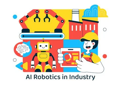 AI Robotics In Industry Vector Illustration Featuring Smart Automation, Ind.. Stock Illustration