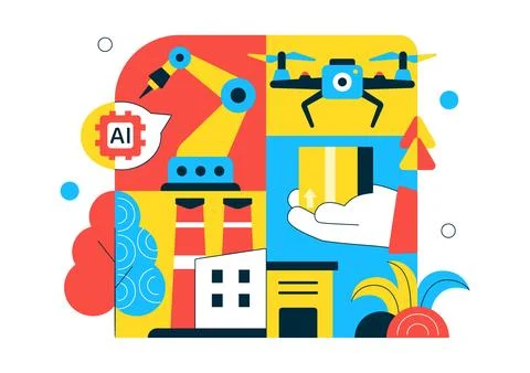 AI Robotics In Industry Vector Illustration Featuring Smart Automation, Ind.. Stock Illustration