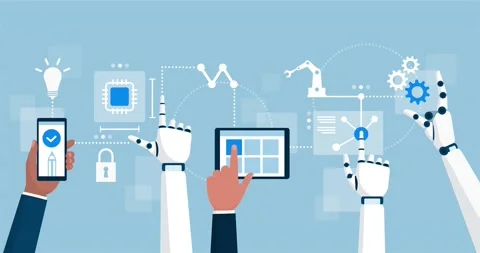 AI robots and business people interacting together in a productive process Stock Footage 143783353