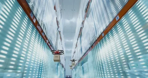 AI Robots and drones pick orders and transport cardboard boxes in a large Видео 316820671