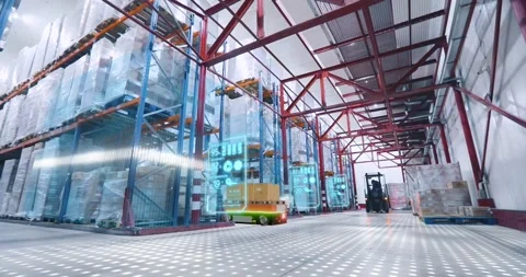 AI Robots and drones pick orders and transport cardboard boxes in a large Stock Footage 317100654