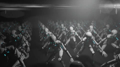 Ai robots army in line grid. behind other standing and fight or training wor Stock Footage 248249269