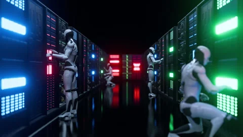 AI Robots Managing Data in Server Room Stock Footage 291541356