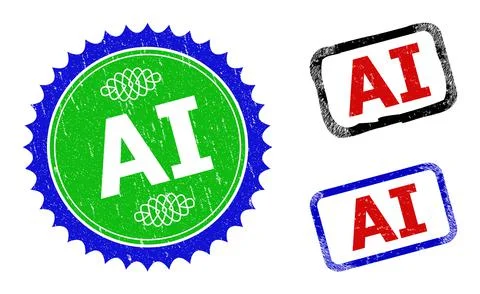 AI Rosette and Rectangle Bicolor Stamps with Grunged Surfaces Stock Illustration