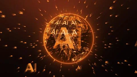 AI rotating 3d earth globe orange technology Stock Illustration