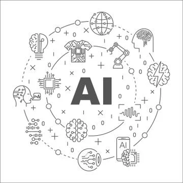 AI round line illustration. Vector circular symbol made with words Artificial Illustrazione stock