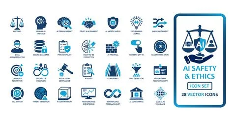 AI Safety and Ethics solid icon set containing 28 vector icons for cybersec.. イラスト素材