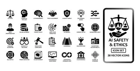 AI Safety and Ethics solid icon set containing 28 vector icons. Features Sc.. Иллюстрация