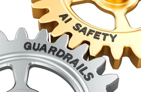 AI SAFETY and GUARDRAILS, interlocking gears, 3D rendering Stock Illustration