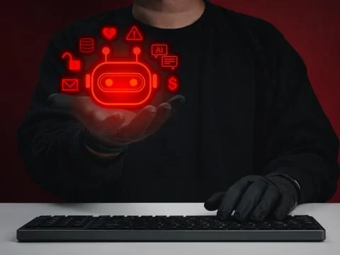 AI scam concept showing hacker use artificial intelligence for phishing and.. Stock Photos